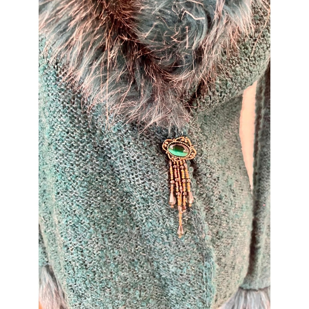 Vintage Teal Faux Fur Collar Jacket Turquoise Stone Tassel Sz S Carly St Claire - Picture 6 of 15